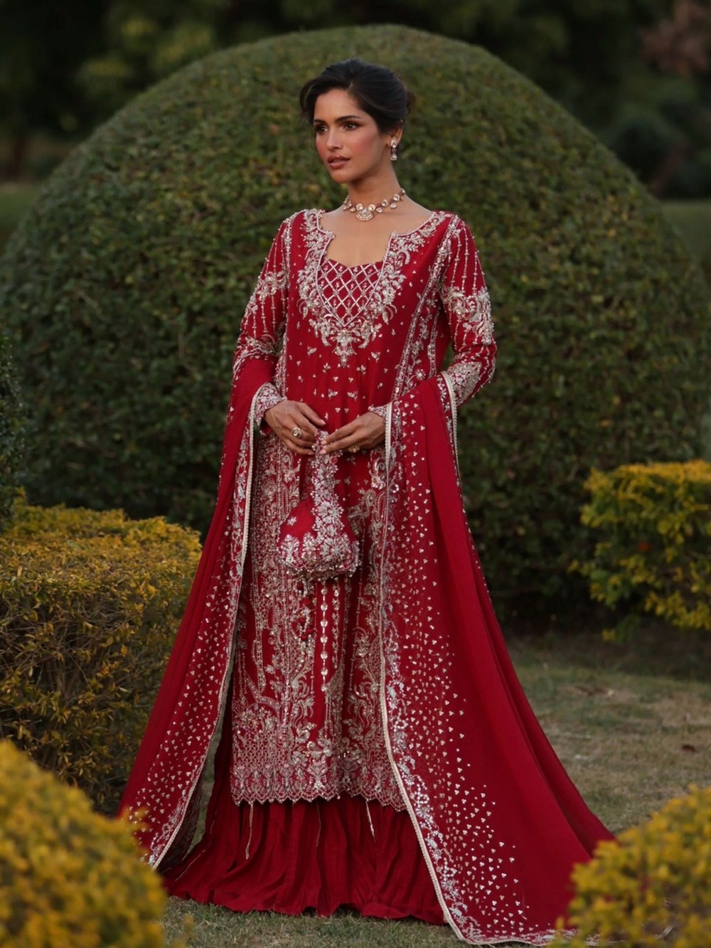 Women's Long Sleeve Red Embroidered Formal Dress
